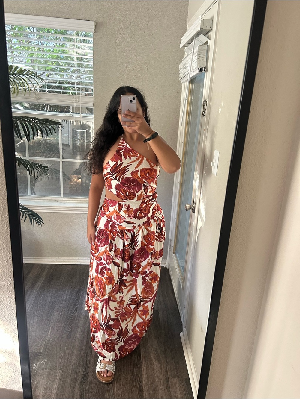 Women's One-Shoulder Tropical Maxi Dress in Rust Floral